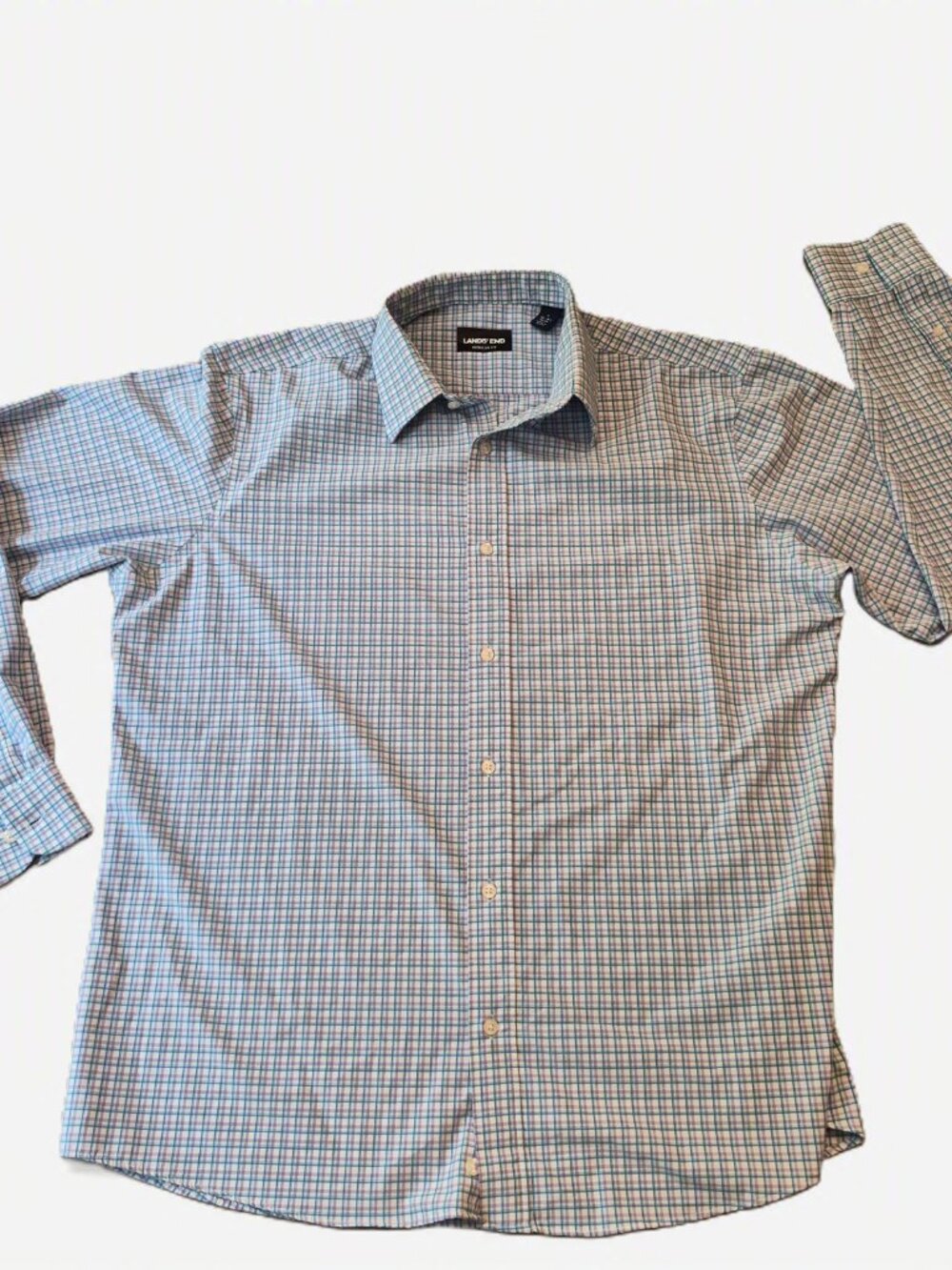 Lands' End Mens Large Blue Plaid Stretch Regular Fit Long Sleeve Button Up Shirt